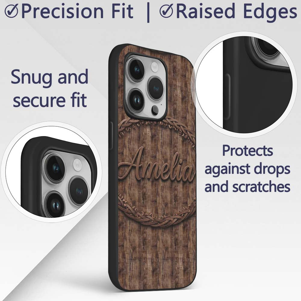 Dark Rustic Wooden Plank Texture Seamless Pattern Custom Name Protective Phone Case Mobile Cover Durable Everyday Smartphone Shock Resistant