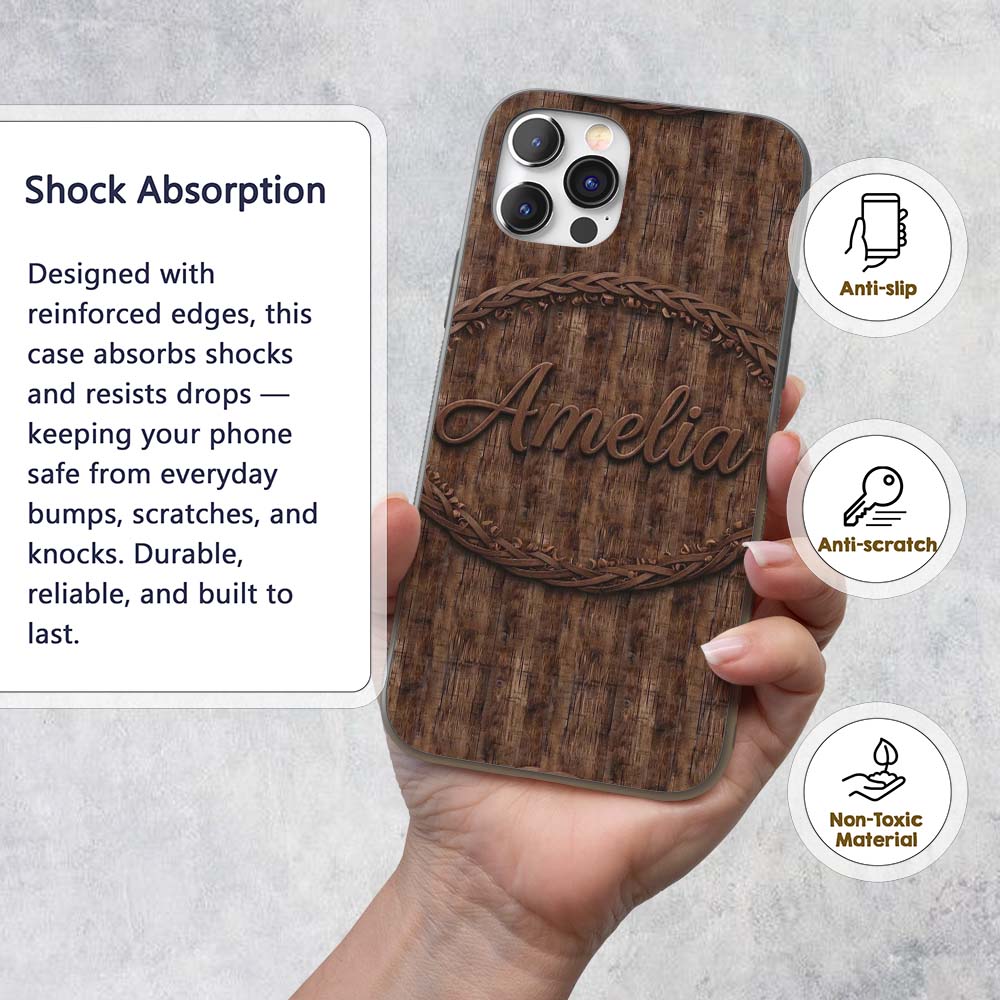 Dark Rustic Wooden Plank Texture Seamless Pattern Custom Name Protective Phone Case Mobile Cover Durable Everyday Smartphone Shock Resistant