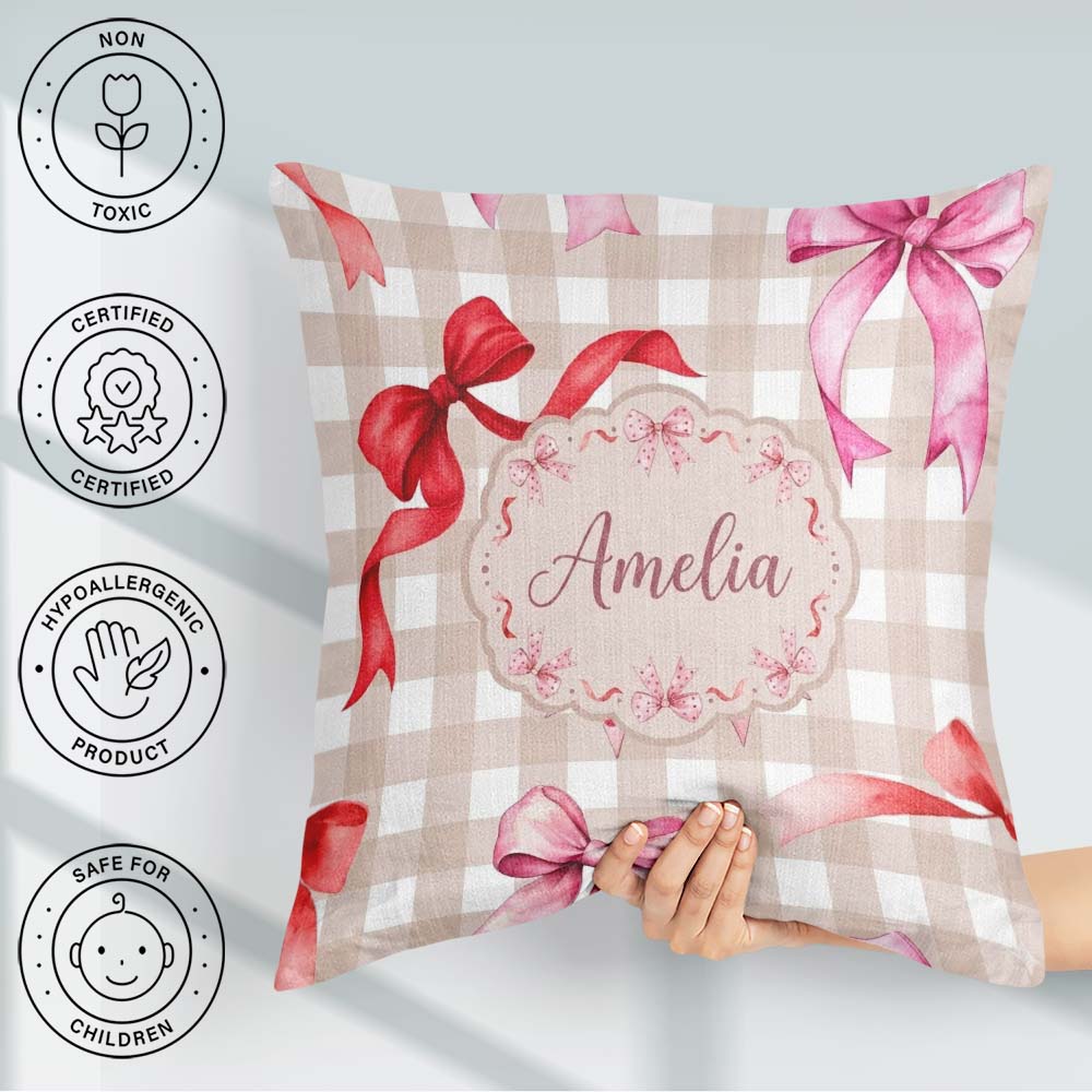 Custom Name Watercolor Ribbon Bow Seamless Pattern Taupe Gingham Square Filled Cushion Throw Pillow Sofa Bed Home Decor Zip Washable UK Made