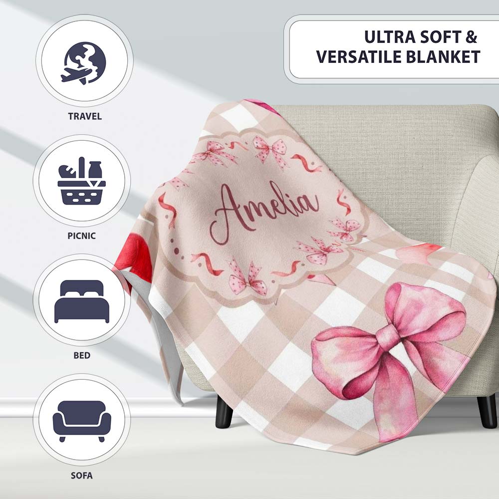 Watercolor Ribbon Bow Seamless Pattern on Taupe Gingham Background Personalised Custom Name Super Soft Fleece Blanket Bed Sofa Throw