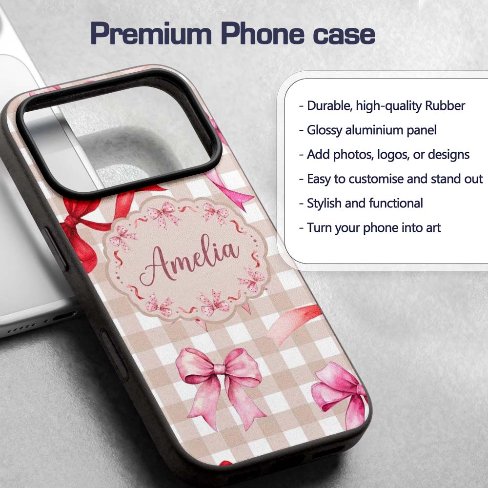 Watercolor Ribbon Bow Seamless Pattern on Taupe Custom Name Protective Phone Case Mobile Cover Durable Everyday Smartphone Shock Resistant