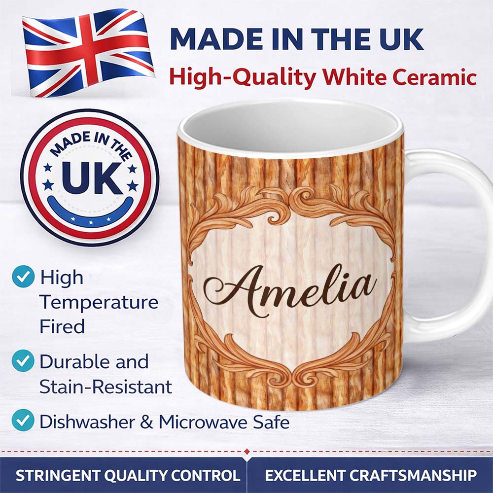 Personalized Custom Name Warm Brown Wood Plank Vertical Texture Seamless Pattern Name Cute 11oz Ceramic Coffee Tea Mug White Large Handle