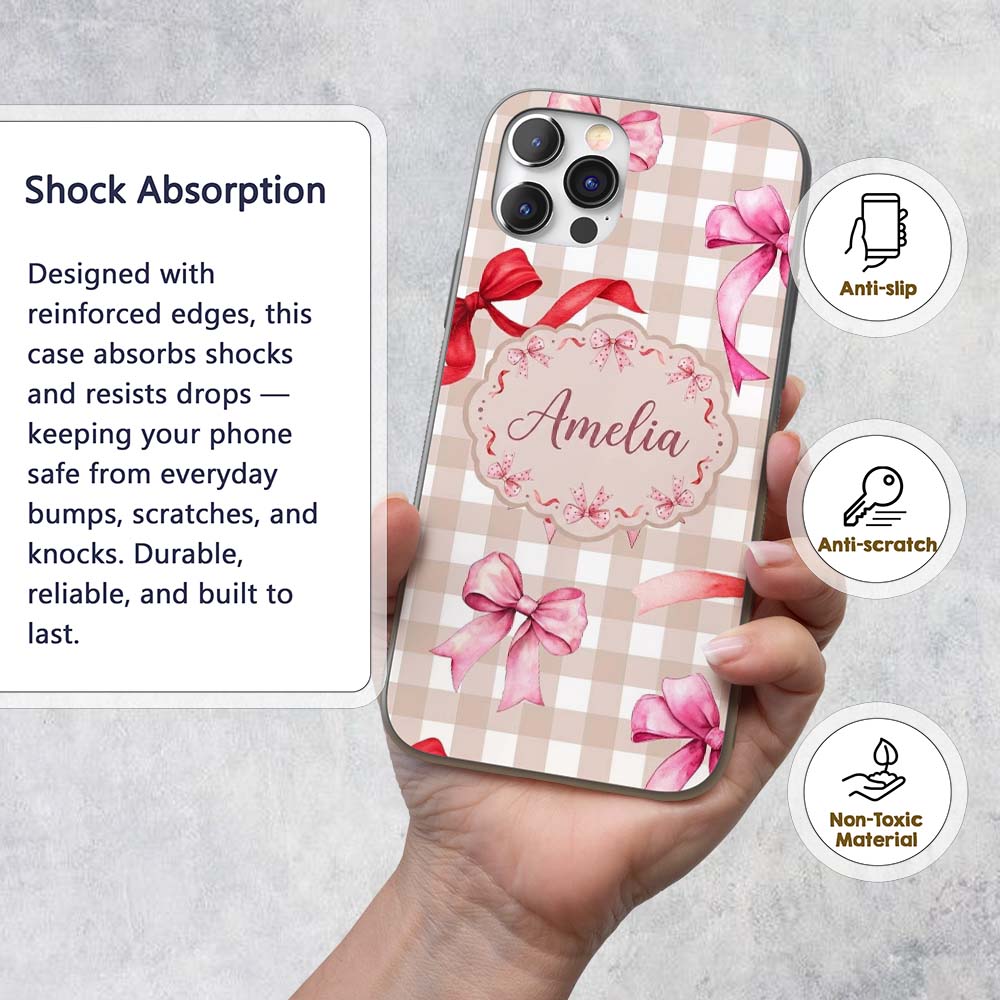 Watercolor Ribbon Bow Seamless Pattern on Taupe Custom Name Protective Phone Case Mobile Cover Durable Everyday Smartphone Shock Resistant