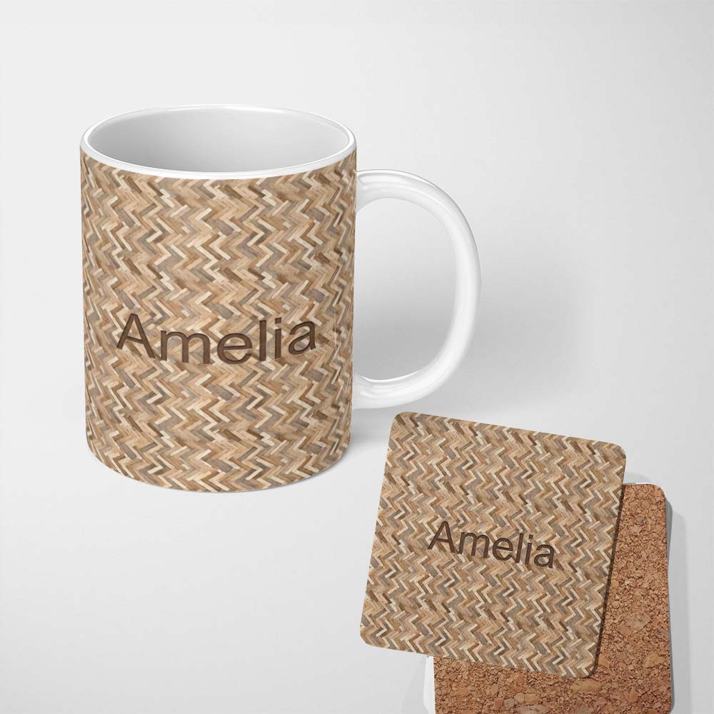 Personalized Custom Name Light Oak Herringbone Wood Flooring Seamless Pattern Name Cute 11oz Ceramic Coffee Tea Mug White Large Handle