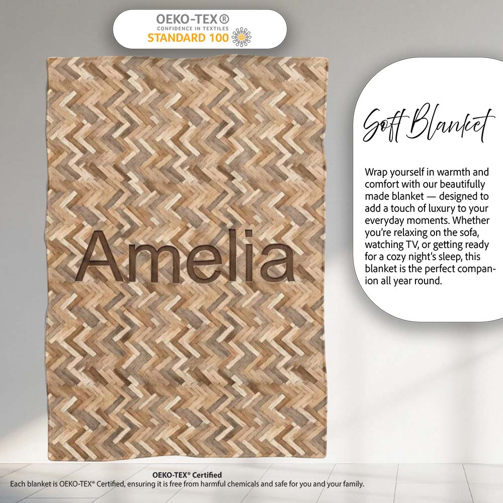 Light Oak Herringbone Wood Flooring Seamless Pattern Name Cute Personalised Custom Name Super Soft Fleece Blanket Bed Sofa Throw