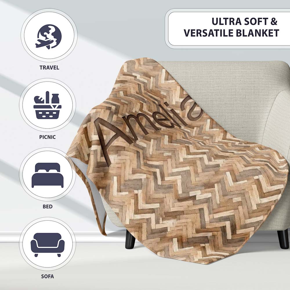 Light Oak Herringbone Wood Flooring Seamless Pattern Name Cute Personalised Custom Name Super Soft Fleece Blanket Bed Sofa Throw