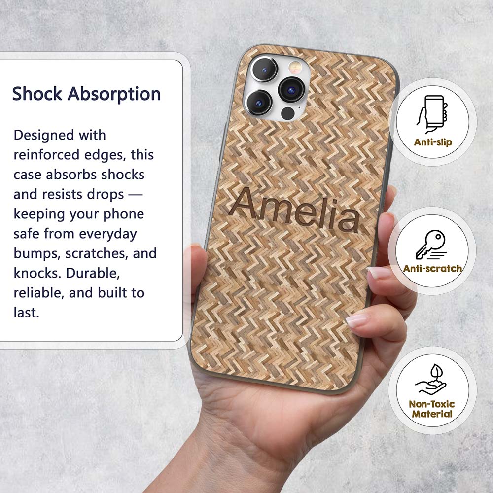 Light Oak Herringbone Wood Flooring Seamless Custom Name Protective Phone Case Mobile Cover Durable Everyday Smartphone Shock Resistant