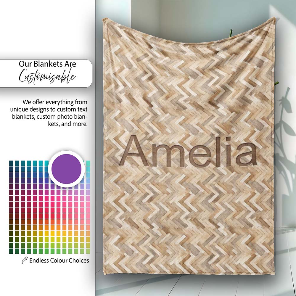Light Oak Herringbone Wood Flooring Seamless Pattern Name Cute Personalised Custom Name Super Soft Fleece Blanket Bed Sofa Throw