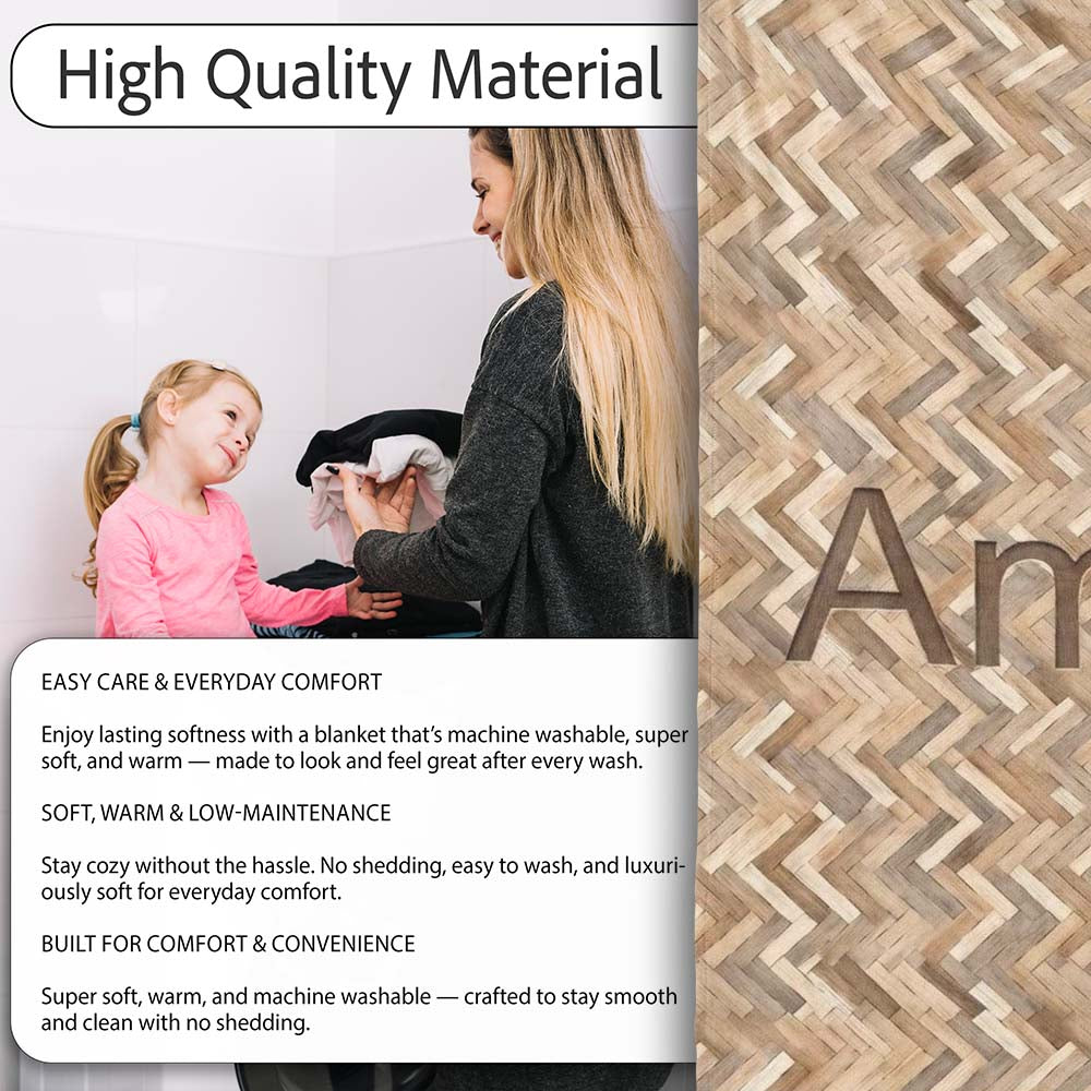Light Oak Herringbone Wood Flooring Seamless Pattern Name Cute Personalised Custom Name Super Soft Fleece Blanket Bed Sofa Throw