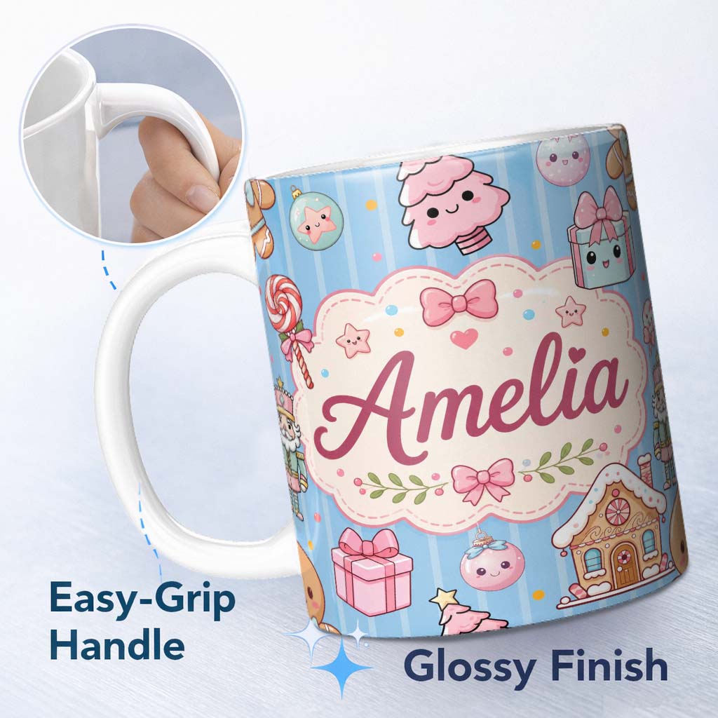 Personalized Custom Name Cute Christmas Gingerbread Candy House Gifts Pattern Blue Stripe 11oz Ceramic Coffee Tea Mug White Large Handle