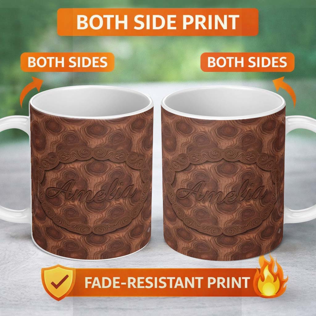 Personalized Custom Name Rich Swirling Wood Grain Texture Seamless Pattern Name Cute Unique 11oz Ceramic Coffee Tea Mug White Large Handle
