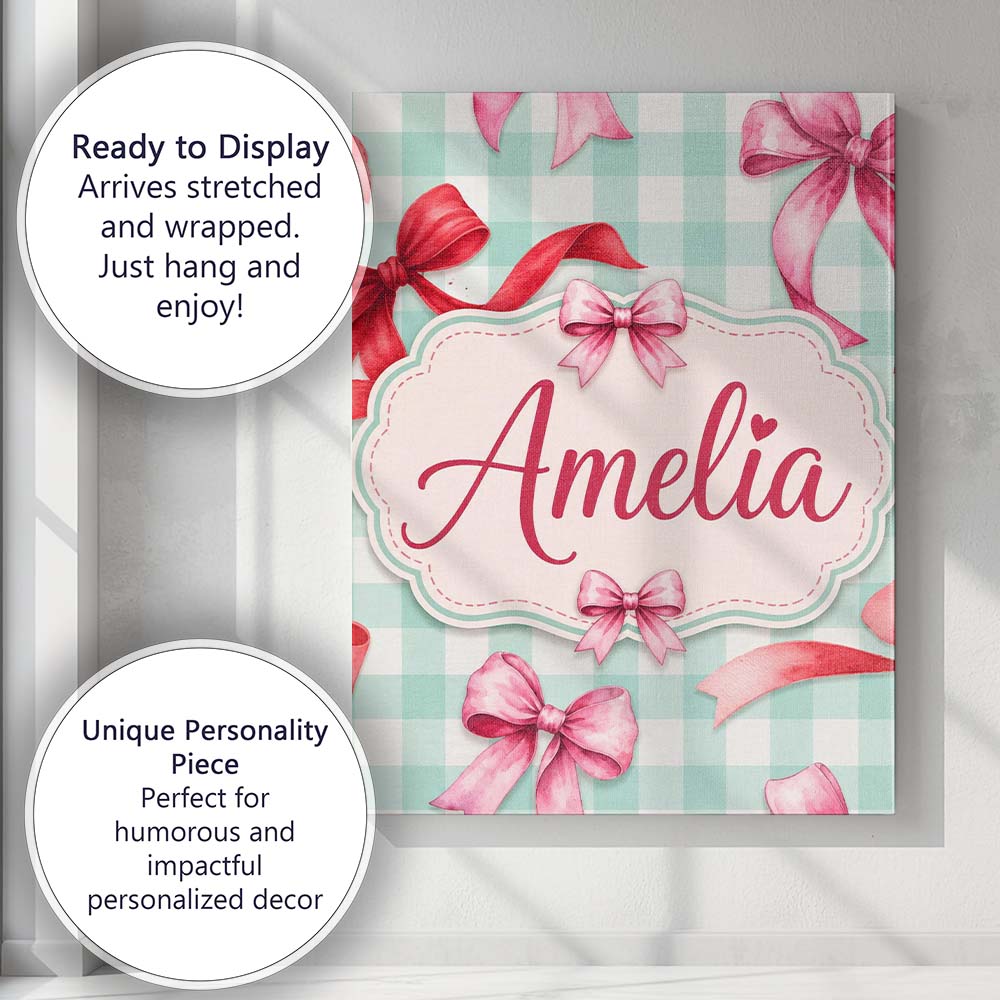 Personalised Name Watercolor Ribbon Bow Custom Modern Room Accent Elegant Feature Canvas Wall Art Print Decor Picture Ready to Hang