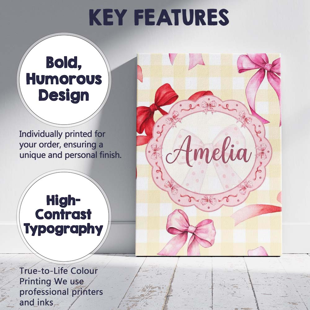 Personalised Name Watercolor Ribbon Bow Custom Modern Room Accent Elegant Feature Canvas Wall Art Print Decor Picture Ready to Hang