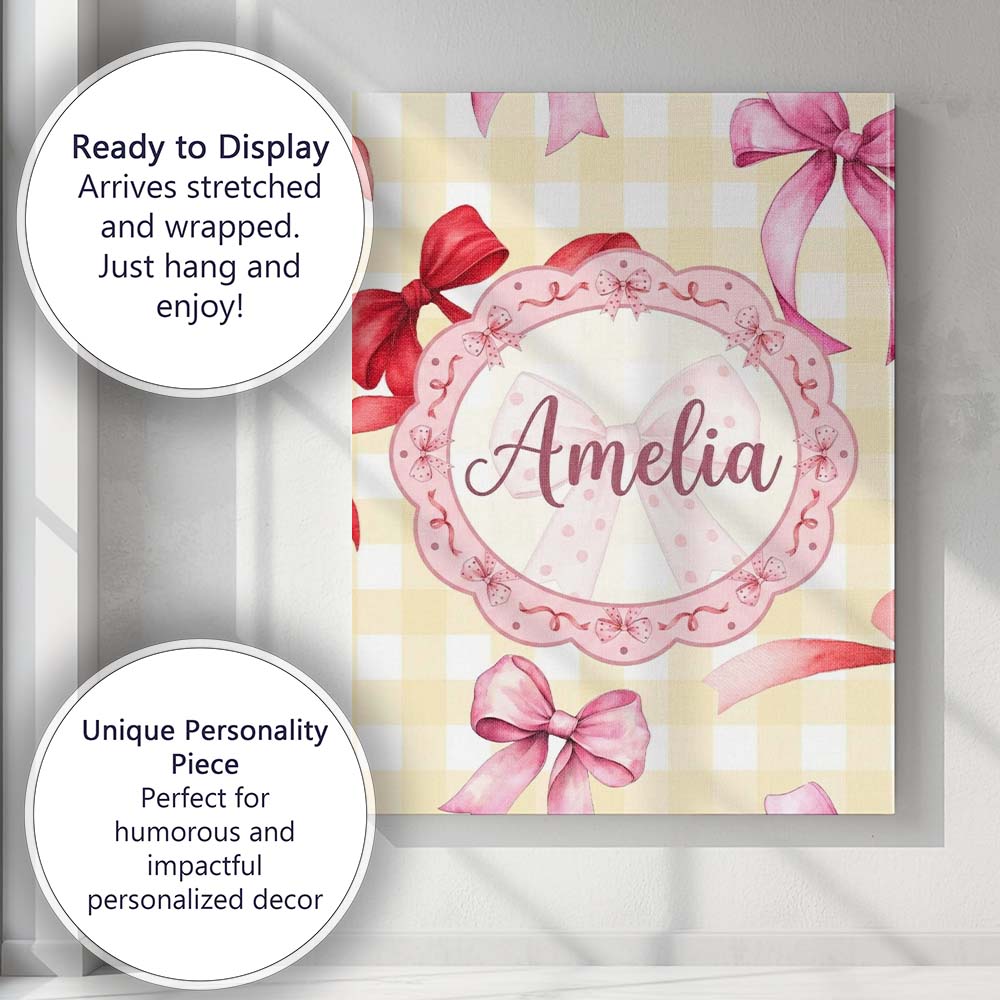 Personalised Name Watercolor Ribbon Bow Custom Modern Room Accent Elegant Feature Canvas Wall Art Print Decor Picture Ready to Hang