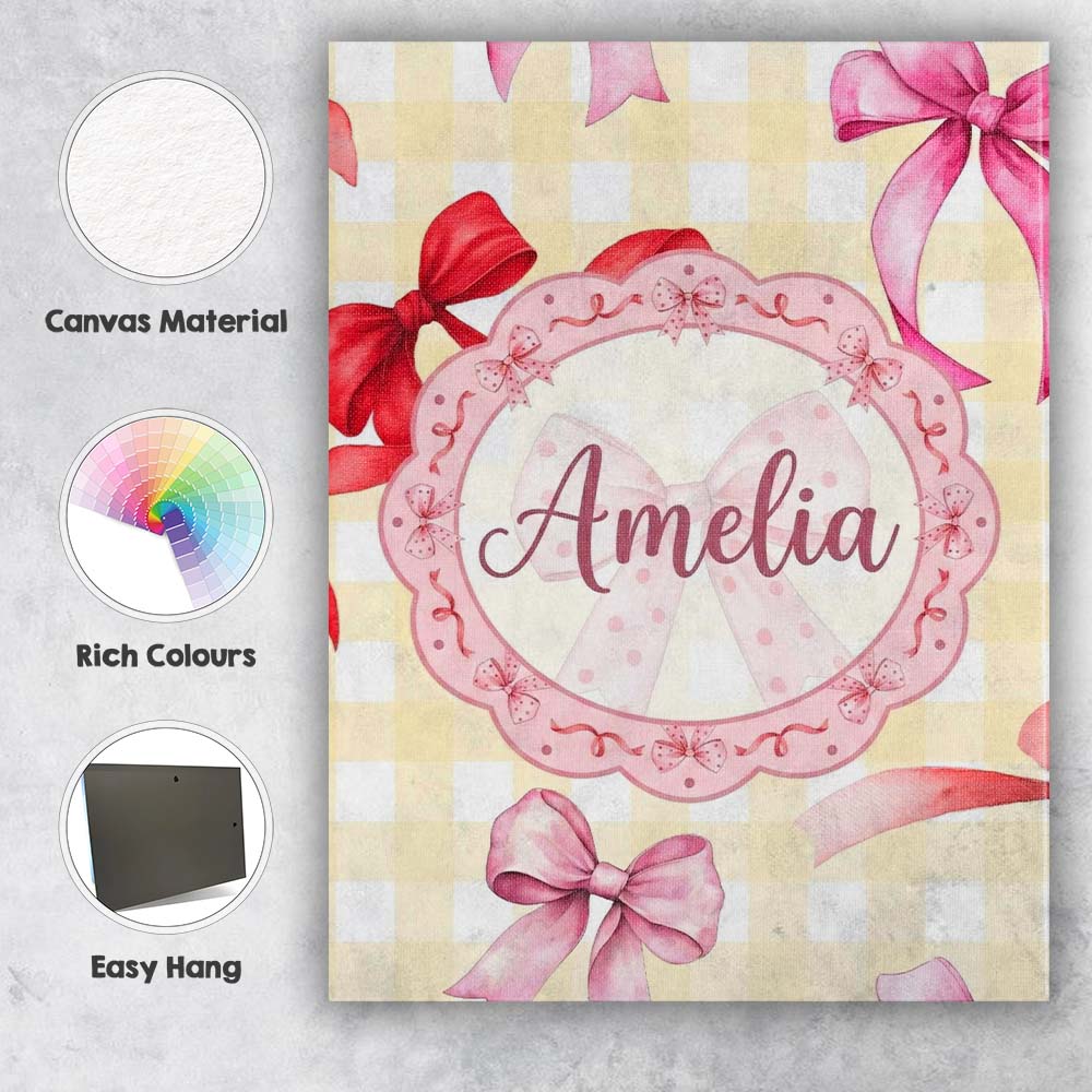 Personalised Name Watercolor Ribbon Bow Custom Modern Room Accent Elegant Feature Canvas Wall Art Print Decor Picture Ready to Hang