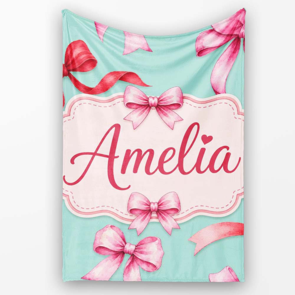 Watercolor Ribbon Bow Seamless Pattern on Teal Background Lovely Personalised Custom Name Super Soft Fleece Blanket Bed Sofa Throw