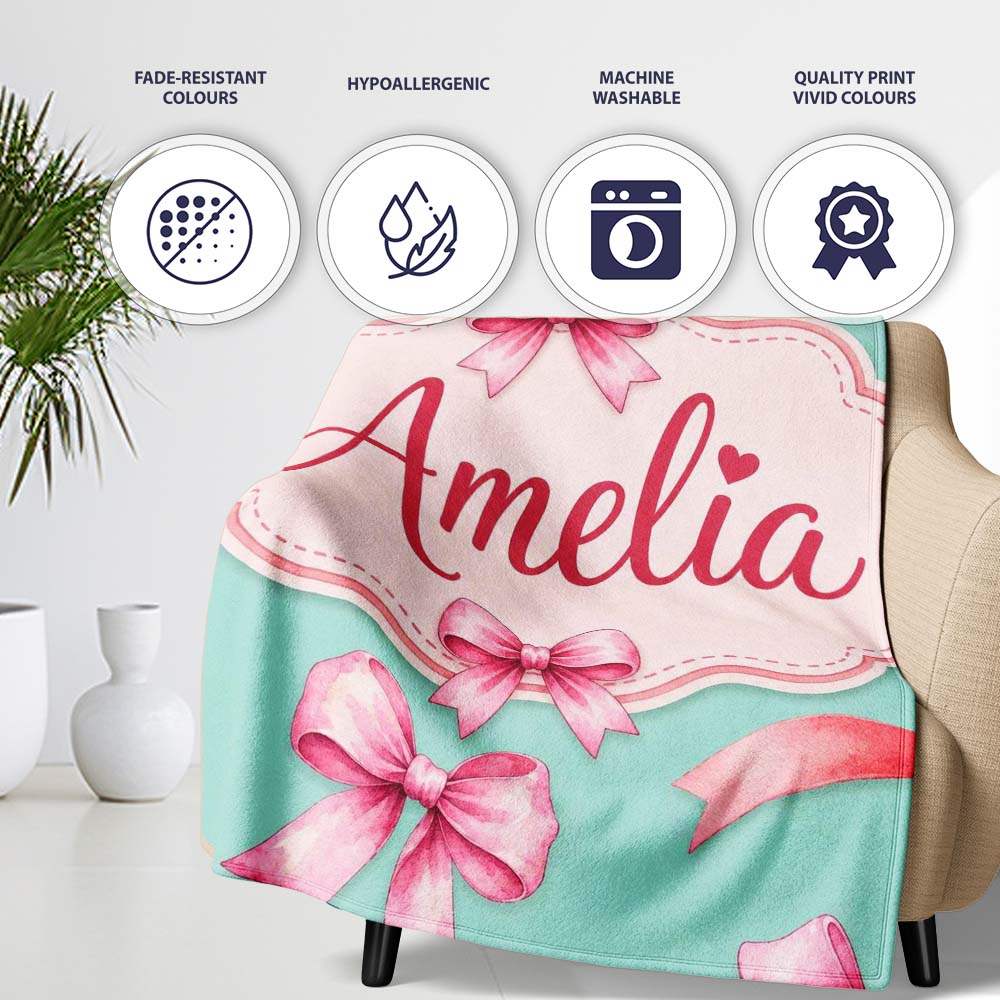 Watercolor Ribbon Bow Seamless Pattern on Teal Background Lovely Personalised Custom Name Super Soft Fleece Blanket Bed Sofa Throw