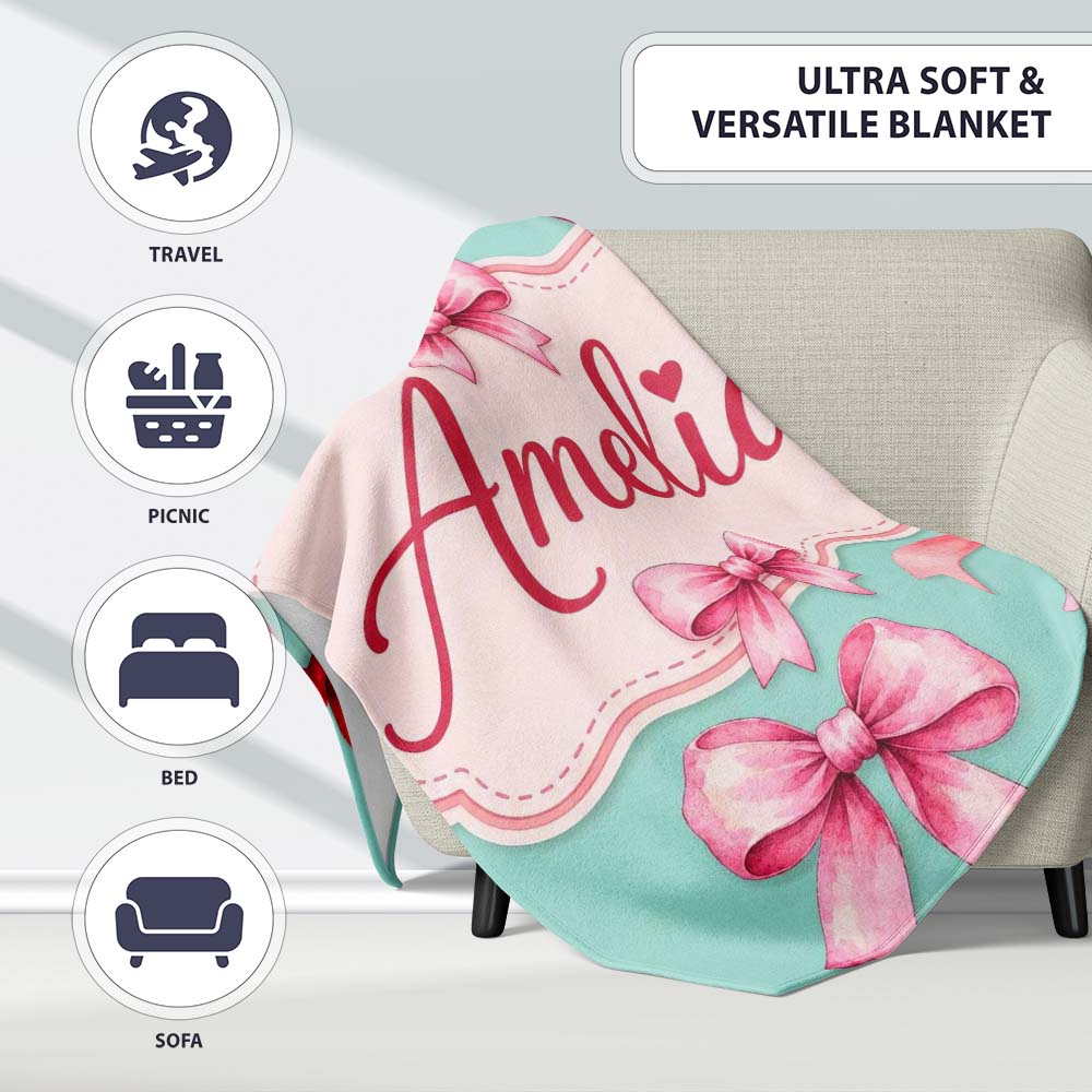 Watercolor Ribbon Bow Seamless Pattern on Teal Background Lovely Personalised Custom Name Super Soft Fleece Blanket Bed Sofa Throw