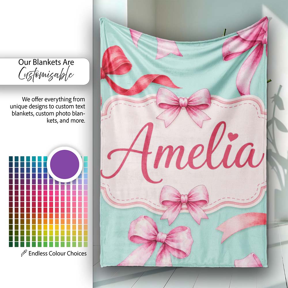 Watercolor Ribbon Bow Seamless Pattern on Teal Background Lovely Personalised Custom Name Super Soft Fleece Blanket Bed Sofa Throw