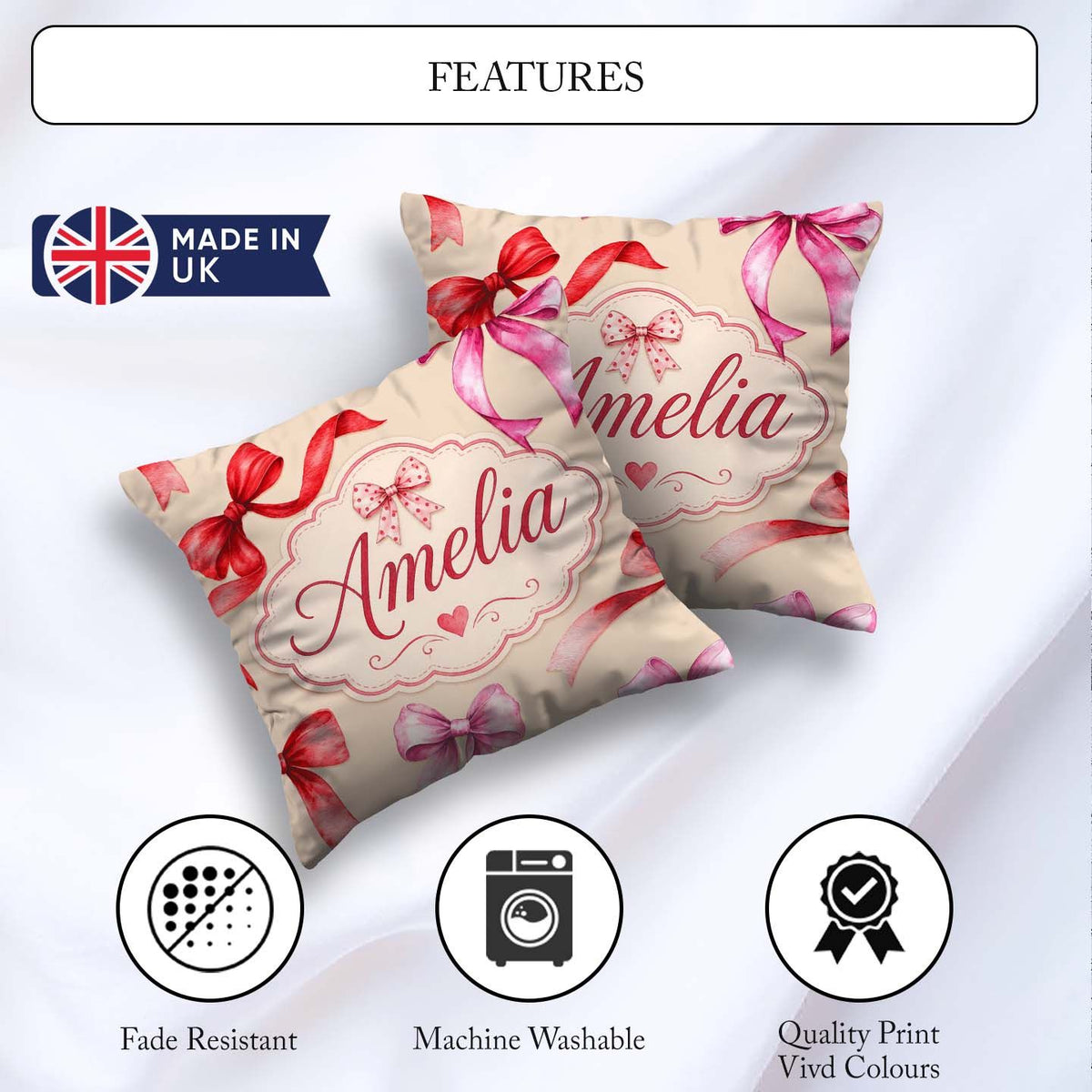 Custom Name Watercolor Ribbon Bow Seamless Pattern on Background Square Filled Cushion Throw Pillow Sofa Bed Home Decor Zip Washable UK Made