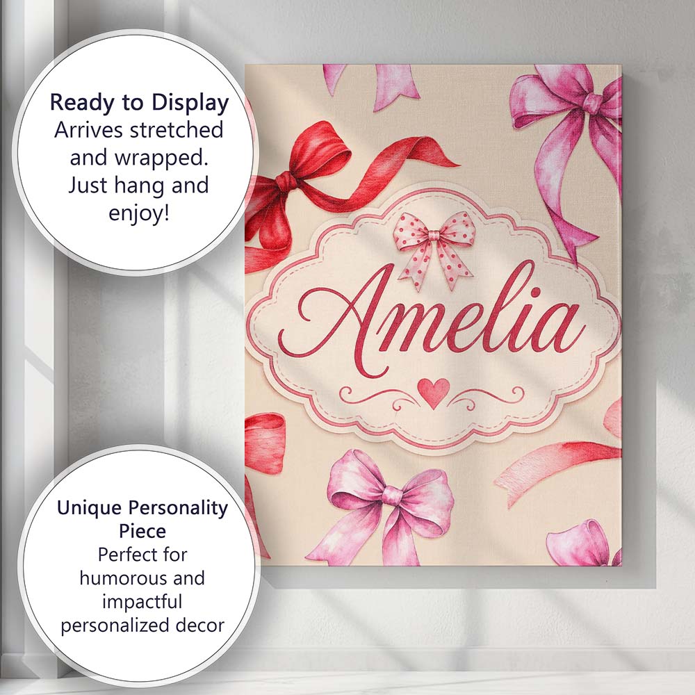 Personalised Name Watercolor Ribbon Bow Custom Modern Room Accent Elegant Feature Canvas Wall Art Print Decor Picture Ready to Hang