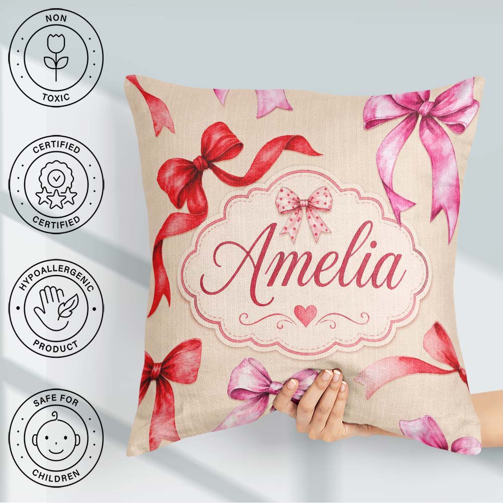 Custom Name Watercolor Ribbon Bow Seamless Pattern on Background Square Filled Cushion Throw Pillow Sofa Bed Home Decor Zip Washable UK Made