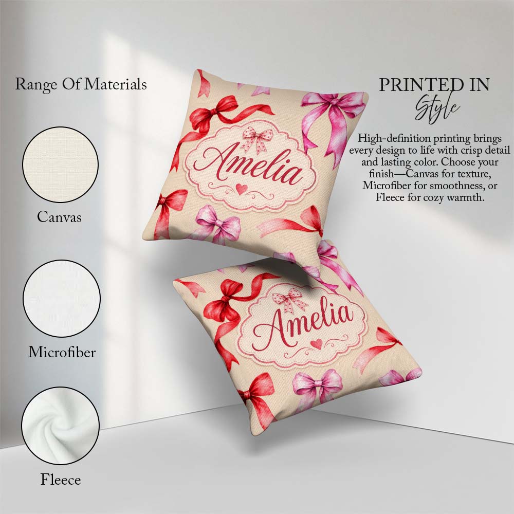 Custom Name Watercolor Ribbon Bow Seamless Pattern on Background Square Filled Cushion Throw Pillow Sofa Bed Home Decor Zip Washable UK Made