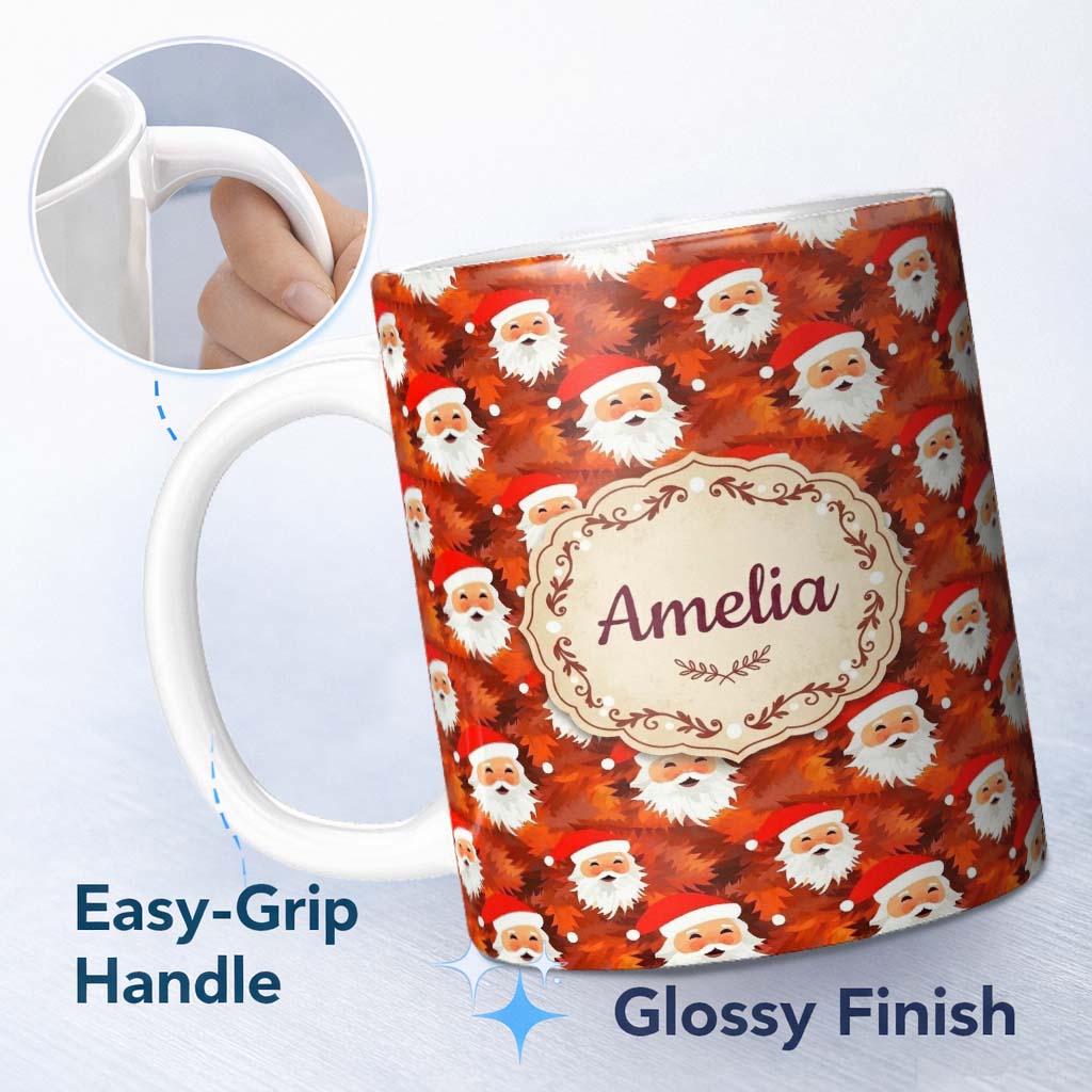 Personalized Custom Name Cute Santa Faces Orange Leaf Autumn Christmas Seamless Pattern Warm 11oz Ceramic Coffee Tea Mug White Large Handle
