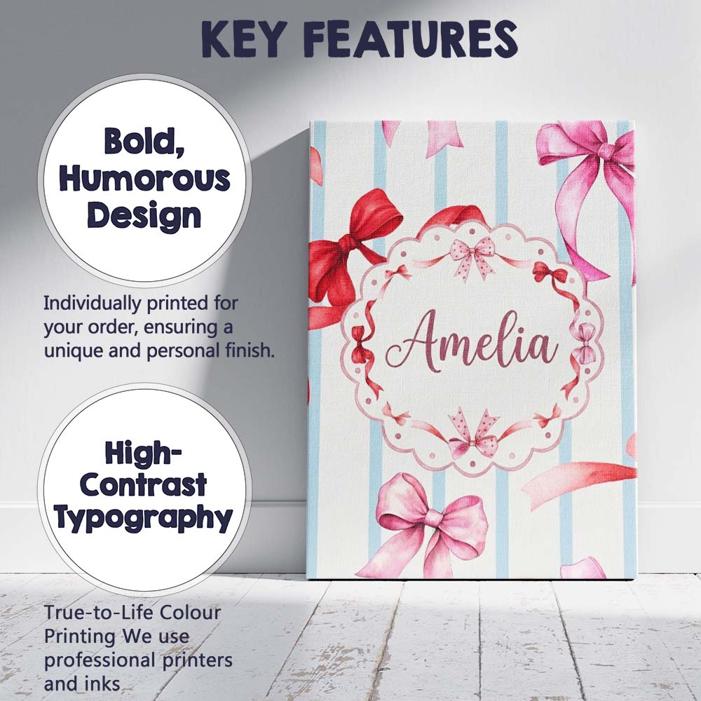 Personalised Name Watercolor Ribbon Bow Custom Modern Room Accent Elegant Feature Canvas Wall Art Print Decor Picture Ready to Hang