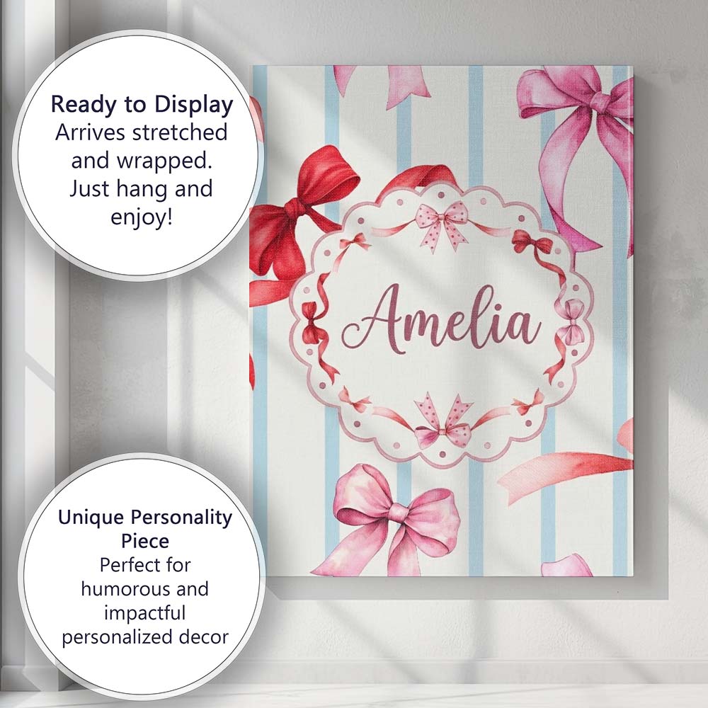 Personalised Name Watercolor Ribbon Bow Custom Modern Room Accent Elegant Feature Canvas Wall Art Print Decor Picture Ready to Hang