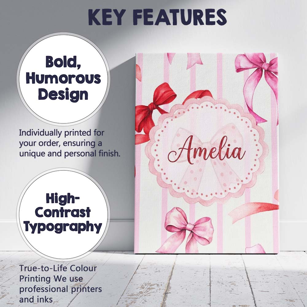 Personalised Name Watercolor Ribbon Bow Custom Modern Room Accent Elegant Feature Canvas Wall Art Print Decor Picture Ready to Hang