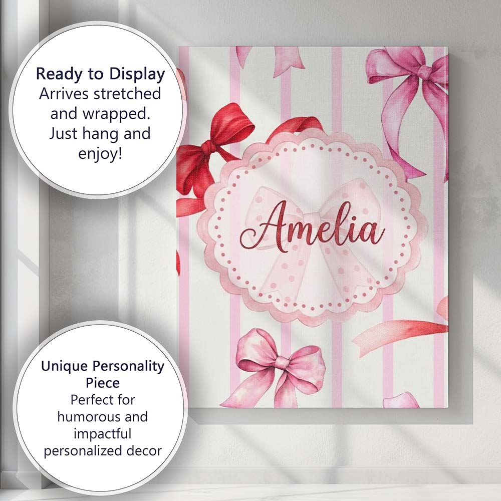 Personalised Name Watercolor Ribbon Bow Custom Modern Room Accent Elegant Feature Canvas Wall Art Print Decor Picture Ready to Hang