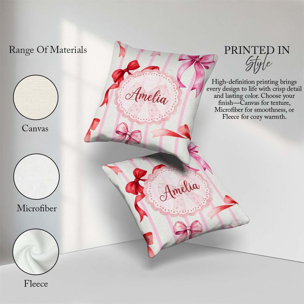 Custom Name Watercolor Ribbon Bow Seamless Pattern on Background Square Filled Cushion Throw Pillow Sofa Bed Home Decor Zip Washable UK Made