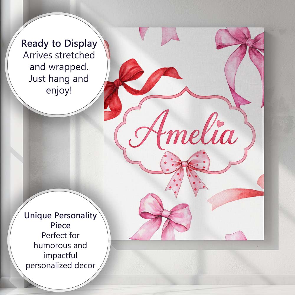 Personalised Name Watercolor Ribbon Bow Custom Modern Room Accent Elegant Feature Canvas Wall Art Print Decor Picture Ready to Hang