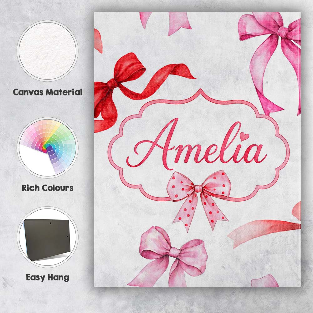 Personalised Name Watercolor Ribbon Bow Custom Modern Room Accent Elegant Feature Canvas Wall Art Print Decor Picture Ready to Hang