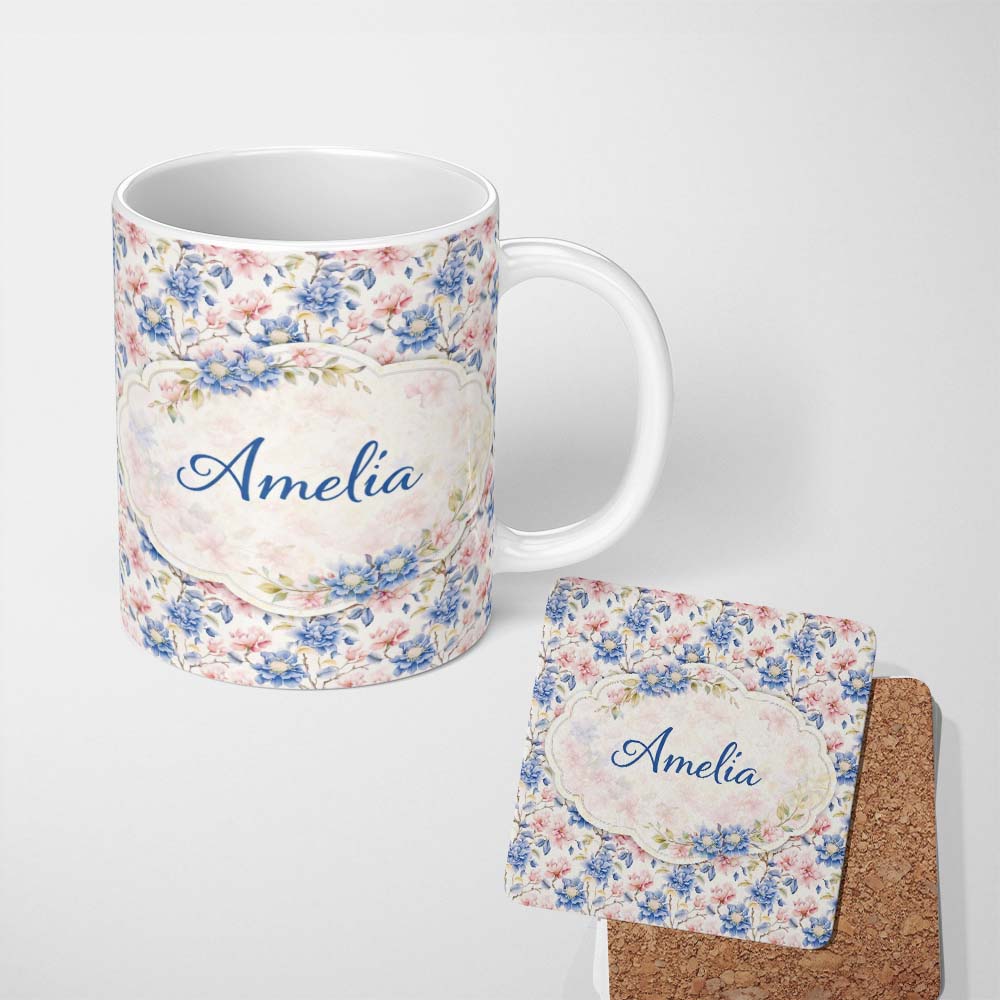 Personalized Custom Name Vintage Chrysanthemum Floral Seamless Pattern Beige and Gold Lovely 11oz Ceramic Coffee Tea Mug White Large Handle