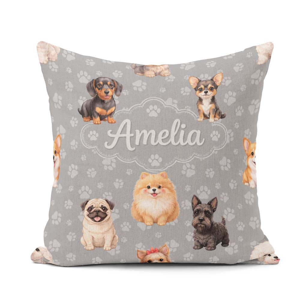 Custom Name Cute Dog Breeds Paw Print Pattern on Grey Background Square Filled Cushion Throw Pillow Sofa Bed Home Decor Zip Washable UK Made