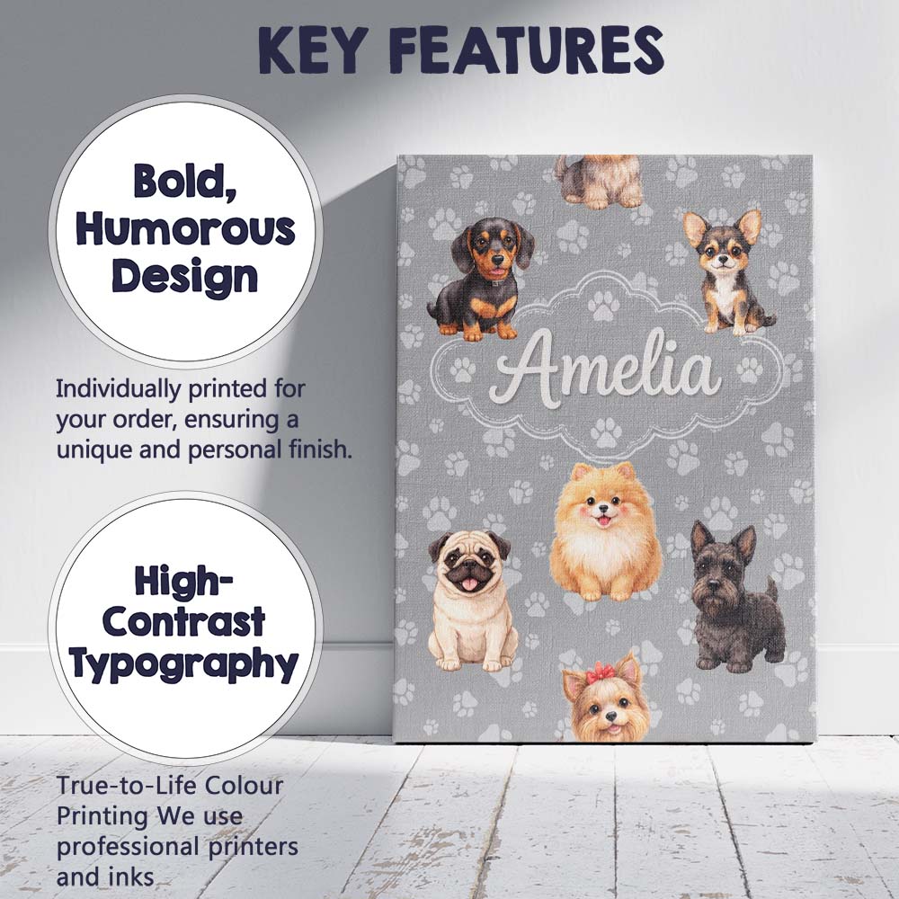 Personalised Name Cute Dog Breeds Paw Custom Unique Gift Idea Modern Room Accent Canvas Wall Art Print Decor Picture Ready to Hang