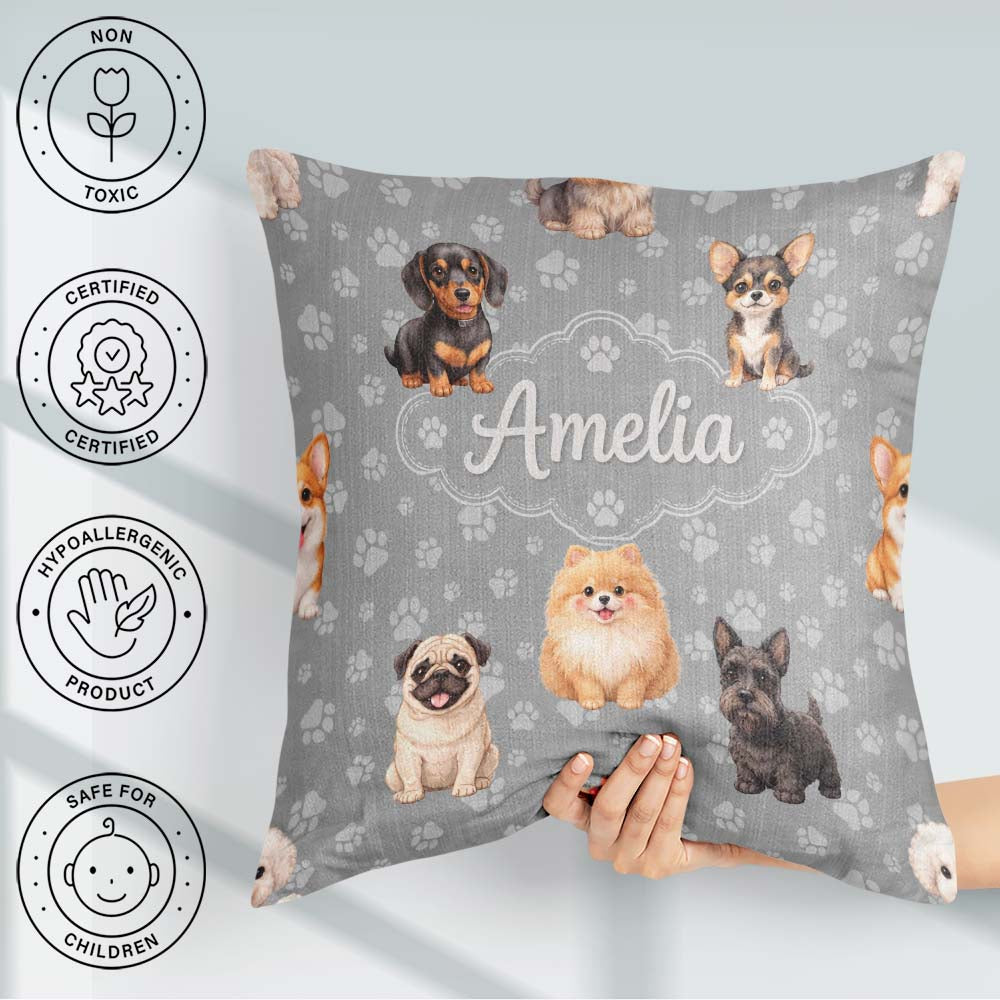 Custom Name Cute Dog Breeds Paw Print Pattern on Grey Background Square Filled Cushion Throw Pillow Sofa Bed Home Decor Zip Washable UK Made