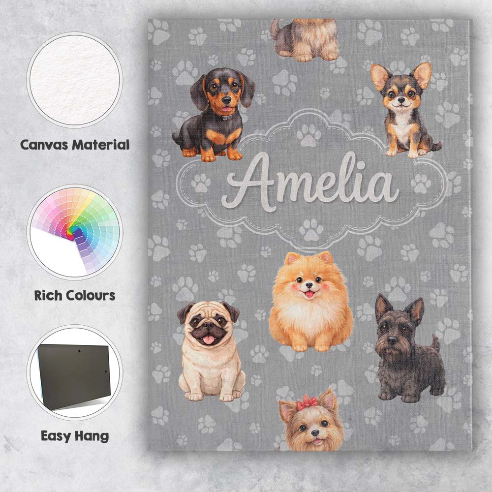Personalised Name Cute Dog Breeds Paw Custom Unique Gift Idea Modern Room Accent Canvas Wall Art Print Decor Picture Ready to Hang