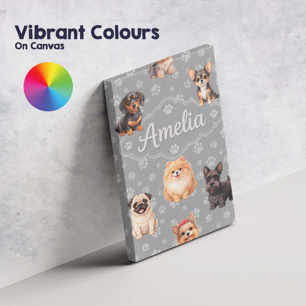 Personalised Name Cute Dog Breeds Paw Custom Unique Gift Idea Modern Room Accent Canvas Wall Art Print Decor Picture Ready to Hang