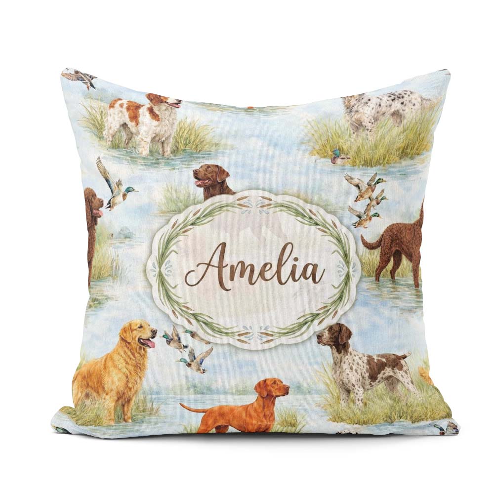 Custom Name Watercolor Hunting Dogs Lake Nature Seamless Pattern Square Filled Cushion Throw Pillow Sofa Bed Home Decor Zip Washable UK Made