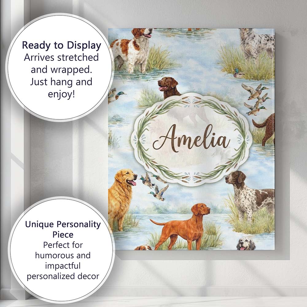 Personalised Name Watercolor Hunting Dogs Custom Unique Gift Idea Elegant Feature Canvas Wall Art Print Decor Picture Ready to Hang
