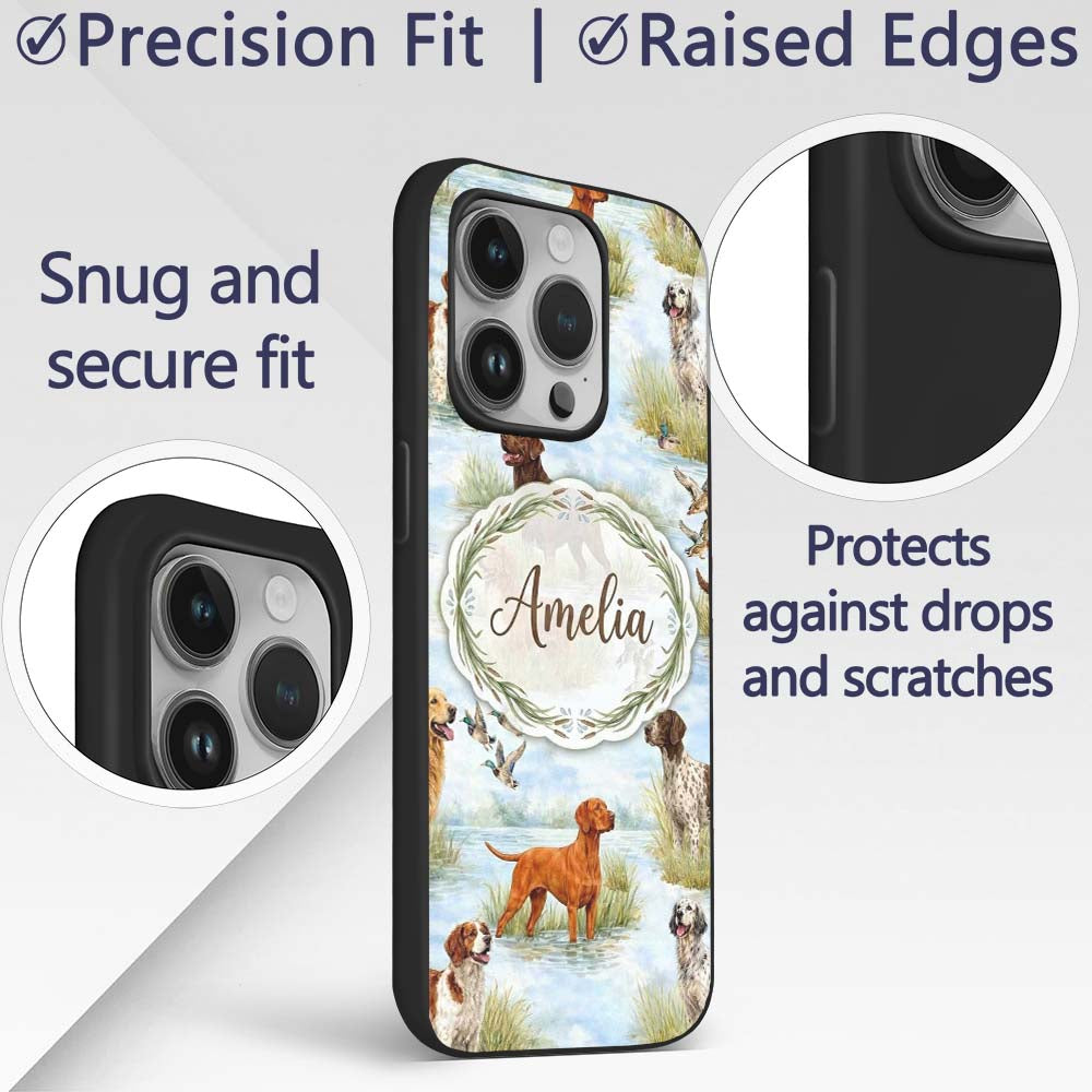 Watercolor Hunting Dogs Ducks Lake Printed Design Custom Name Protective Phone Case Mobile Cover Durable Everyday Smartphone Shock Resistant