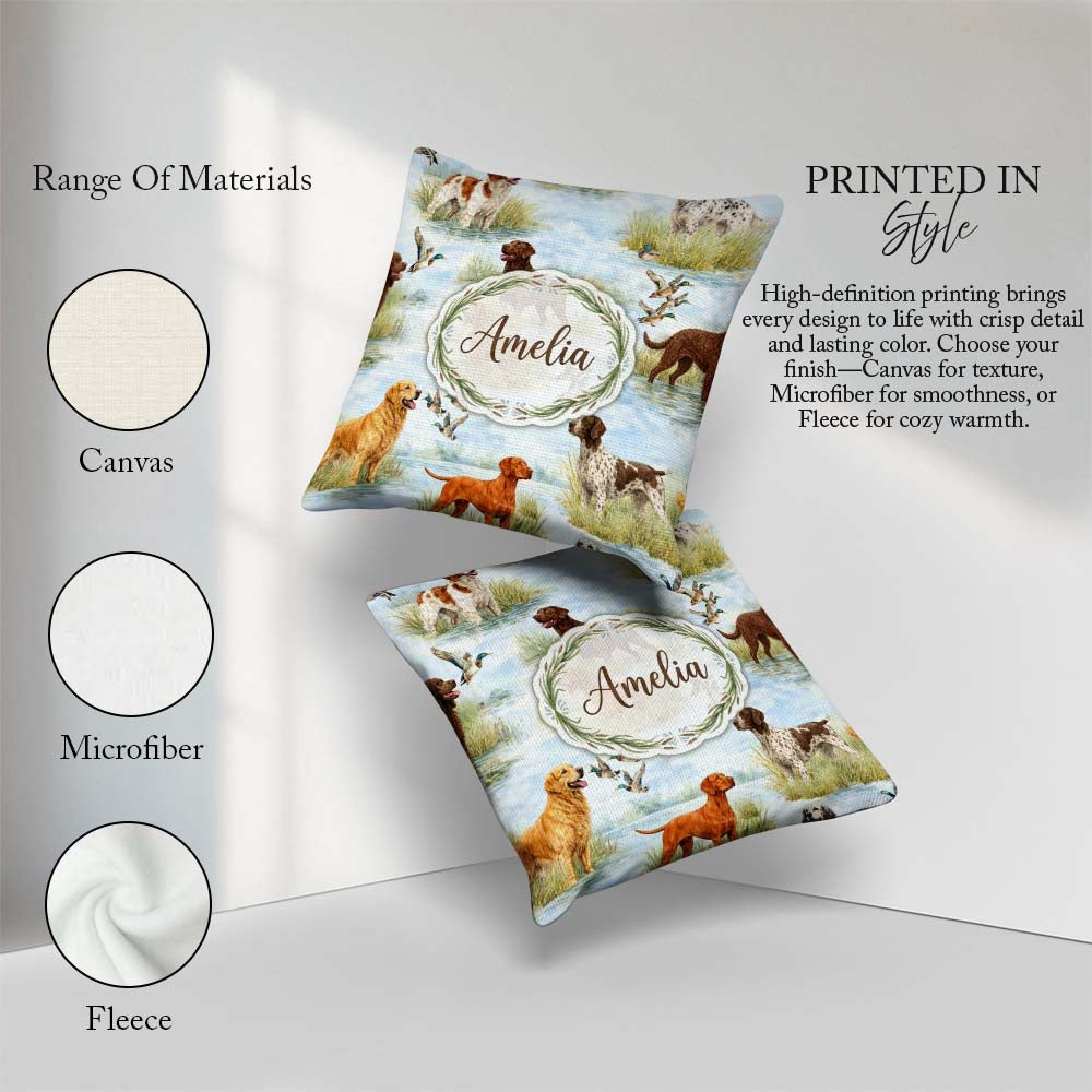 Custom Name Watercolor Hunting Dogs Lake Nature Seamless Pattern Square Filled Cushion Throw Pillow Sofa Bed Home Decor Zip Washable UK Made