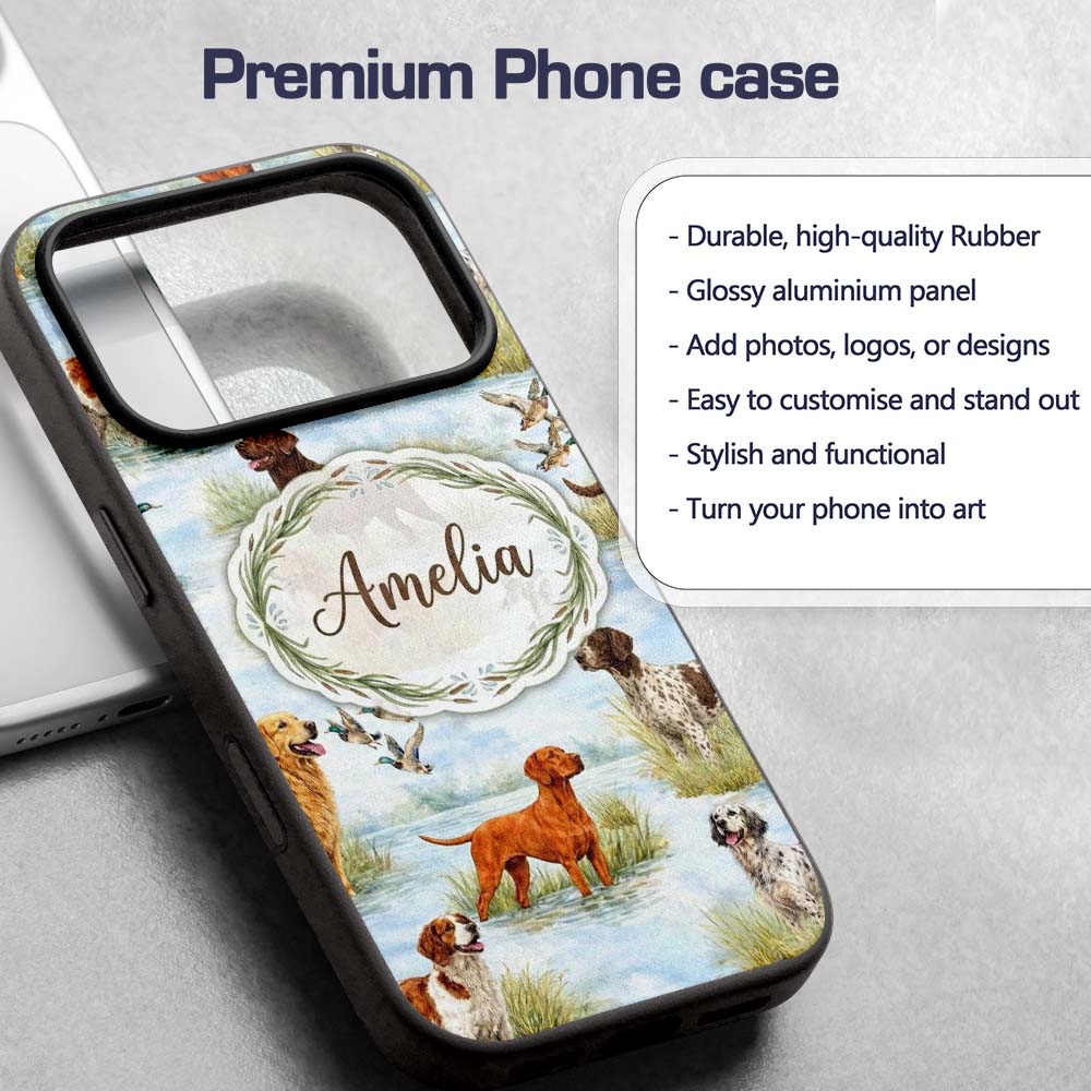 Watercolor Hunting Dogs Ducks Lake Printed Design Custom Name Protective Phone Case Mobile Cover Durable Everyday Smartphone Shock Resistant