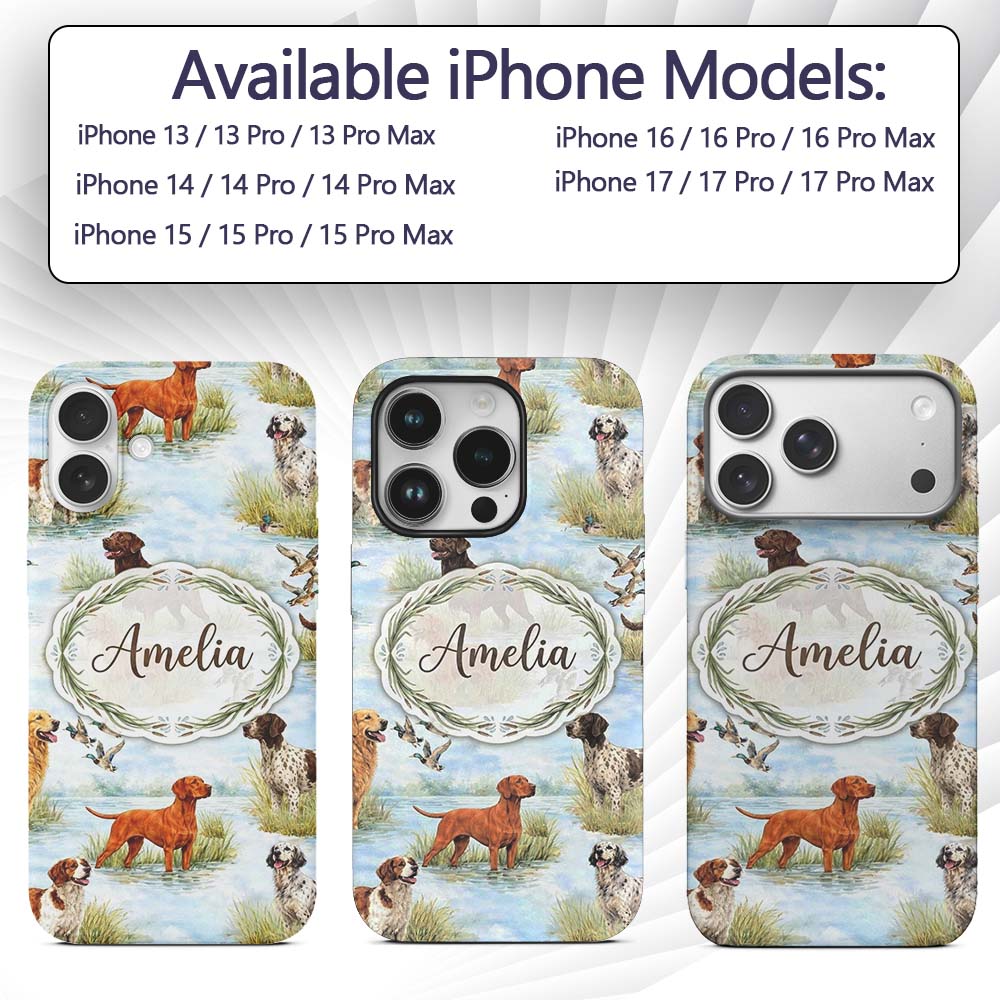 Watercolor Hunting Dogs Ducks Lake Printed Design Custom Name Protective Phone Case Mobile Cover Durable Everyday Smartphone Shock Resistant