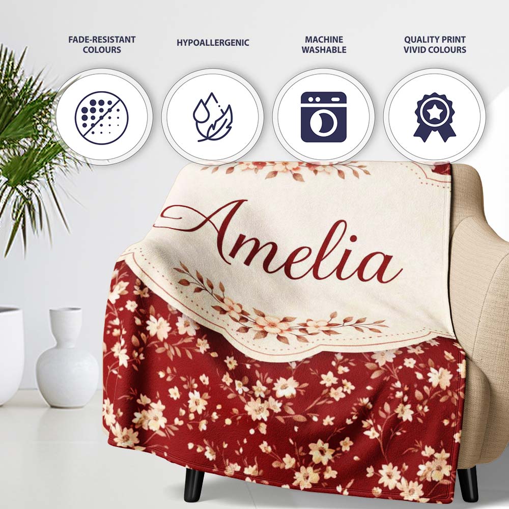 Red Small Floral Seamless Pattern Perfect Gift for Her Lovely Personalised Custom Name Super Soft Fleece Blanket Bed Sofa Throw