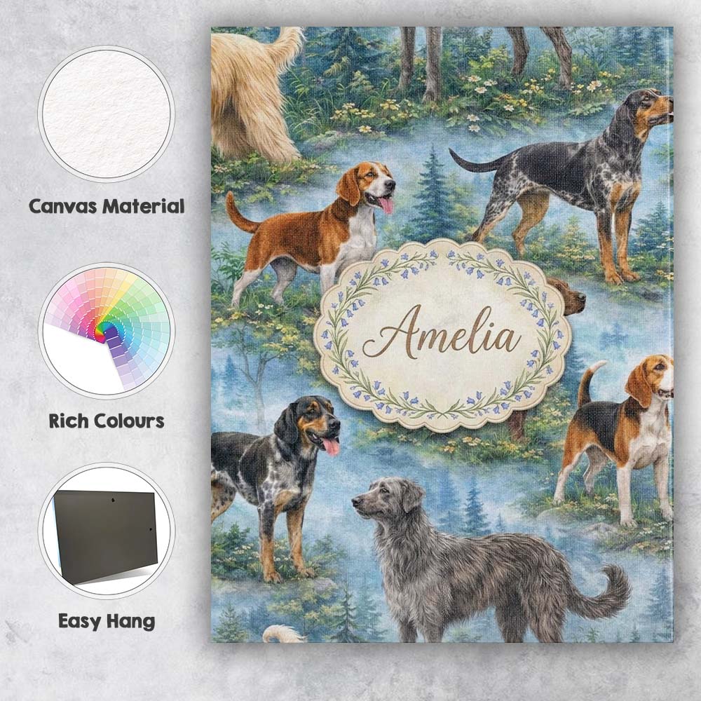 Personalised Name Watercolor Hunting Dogs Custom Unique Gift Idea Elegant Feature Canvas Wall Art Print Decor Picture Ready to Hang