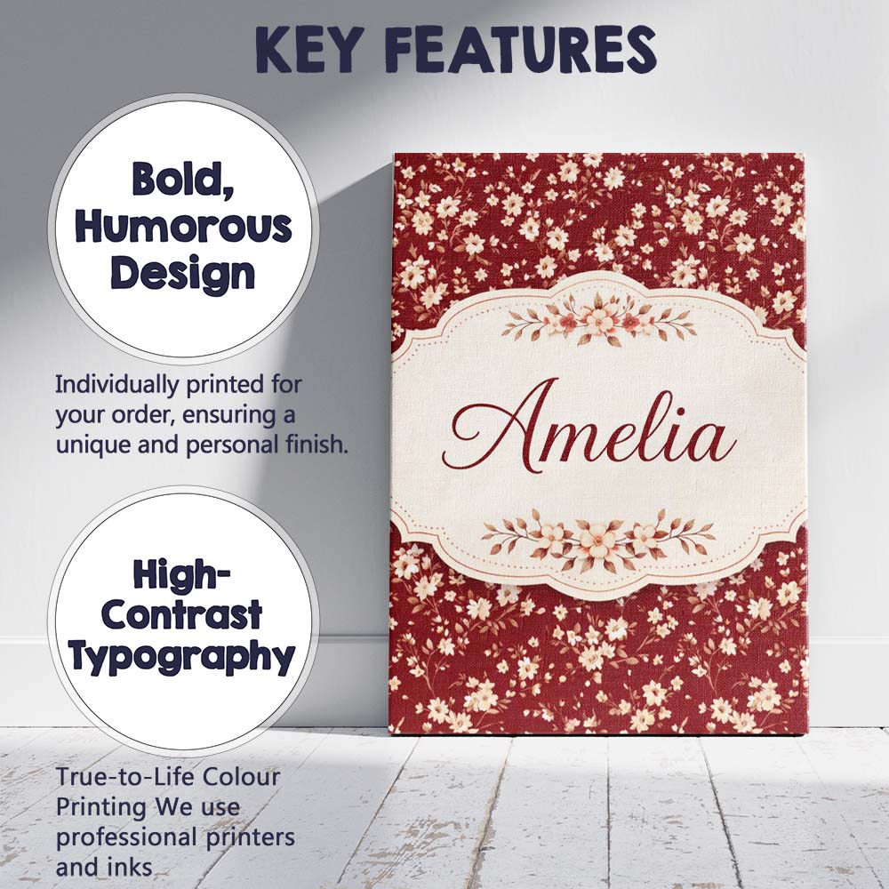 Personalised Name Red Small Floral Seamless Pattern Perfect Gift for Custom Home Canvas Wall Art Print Decor Picture Ready to Hang
